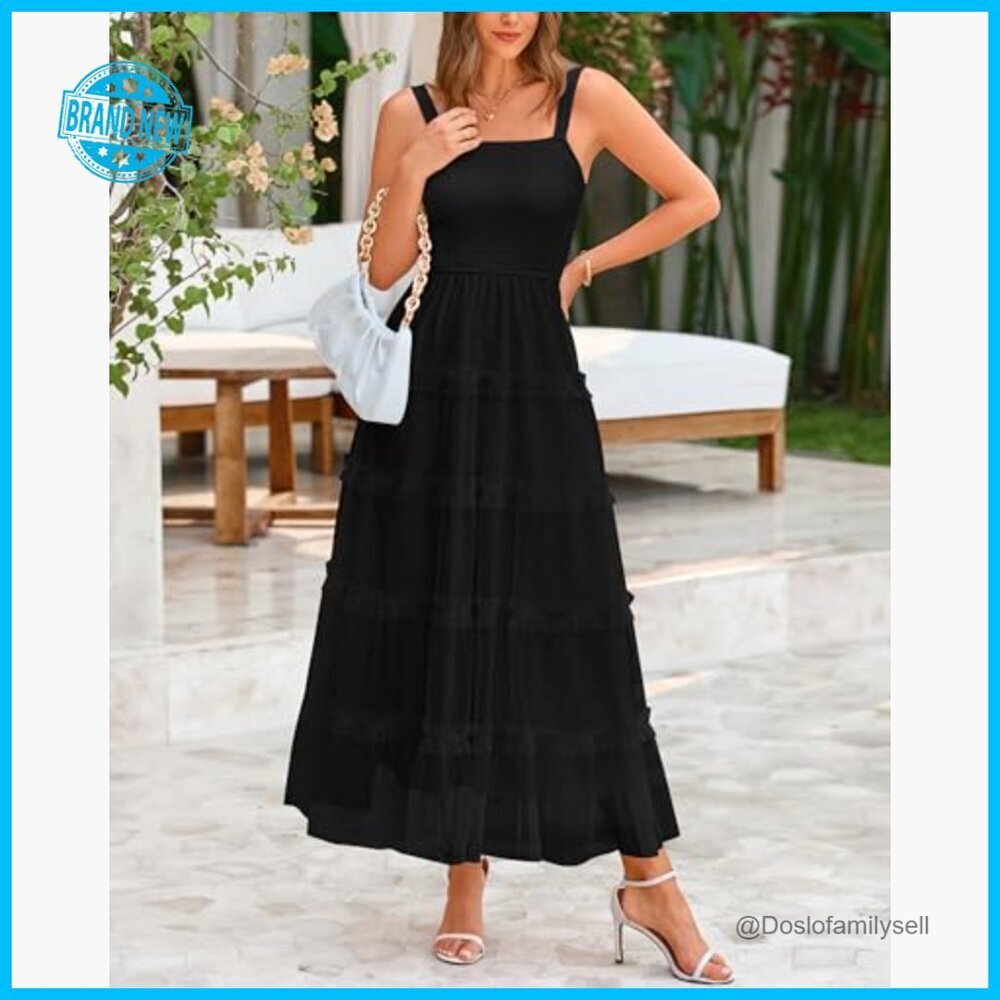 Sleeveless Smocked Tiered Ruffle Tulle A-Line Maxi Dress Elegant Boho Wedding - Picture 3 of 7